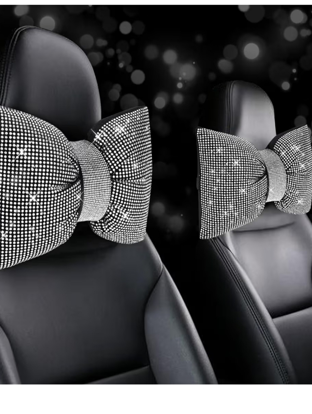 SET OF 2 Crystal Bow-Shaped Car Headrest Pillow - White Rhinestone